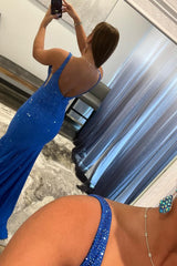 Mermaid Deep V Neck Royal Blue Long Corset Prom Dress with Beading outfit, Mermaid Deep V Neck Royal Blue Long Prom Dress with Beading