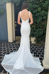 Mermaid Deep V Neck White Long Corset Prom Dress with Beading outfit, Mermaid Deep V Neck White Long Prom Dress with Beading