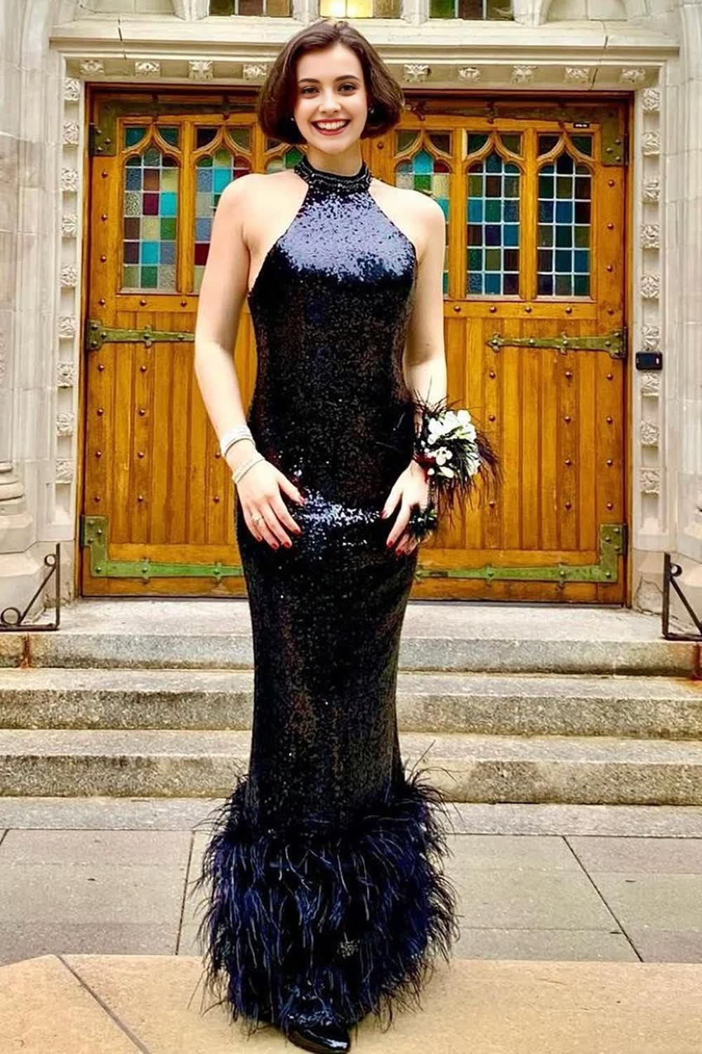 Mermaid Halter Black Sequins Long Vintage Corset Prom Dress with Feathers outfit, Mermaid Halter Black Sequins Long Vintage Prom Dress with Feathers