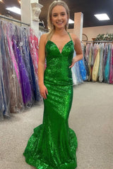 Mermaid Halter Green Sequins Long Corset Prom Dress with Backless outfit, Mermaid Halter Green Sequins Long Prom Dress with Backless