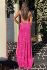 Mermaid Halter Neck Hot Pink Sequins Long Corset Prom Dress with Split Front Gowns, Mermaid Halter Neck Hot Pink Sequins Long Prom Dress with Split Front