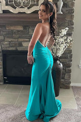 Mermaid Halter Neck Peacock Green Long Corset Prom Dress with Backless outfit, Mermaid Halter Neck Peacock Green Long Prom Dress with Backless