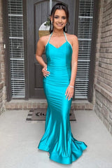 Mermaid Halter Neck Peacock Green Long Corset Prom Dress with Backless outfit, Mermaid Halter Neck Peacock Green Long Prom Dress with Backless