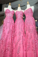 Mermaid Hot Pink Lace Long Corset Prom Dress, Long Hot Pink Corset Formal Graduation Evening Dress outfit, Bridesmaids Dresses Long Sleeve