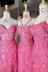 Mermaid Hot Pink Lace Long Corset Prom Dress, Long Hot Pink Corset Formal Graduation Evening Dress outfit, Bridesmaid Dress Long Sleeve