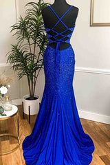 Mermaid Long Red Corset Prom Dress with Rhinestones,Royal Blue Bodycon Dresses outfit, Bridesmaids Dress With Lace