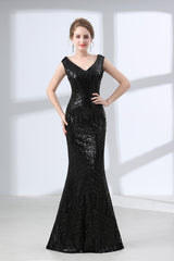 Mermaid Long V Neck Black Sequined Sheer Back Corset Prom Dresses outfit, Formal Dresses Off The Shoulder