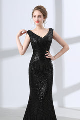 Mermaid Long V Neck Black Sequined Sheer Back Corset Prom Dresses outfit, Formal Dresses Corset