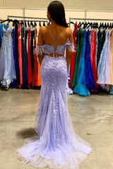 Mermaid Off the Shoulder Lilac Long Corset Prom Dress with Feathers outfit, Mermaid Off the Shoulder Lilac Long Prom Dress with Feathers