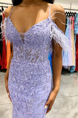 Mermaid Off the Shoulder Lilac Long Corset Prom Dress with Feathers outfit, Mermaid Off the Shoulder Lilac Long Prom Dress with Feathers