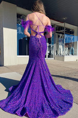 Mermaid Off the Shoulder Purple Sequins Cut Out Corset Prom Dress with Feathers outfit, Mermaid Off the Shoulder Purple Sequins Cut Out Prom Dress with Feathers