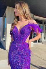 Mermaid Off the Shoulder Purple Sequins Cut Out Corset Prom Dress with Feathers outfit, Mermaid Off the Shoulder Purple Sequins Cut Out Prom Dress with Feathers