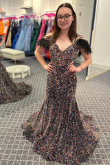 Mermaid Off the Shoulder Purple Sequins Cut Out Corset Prom Dress with Feathers outfit, Mermaid Off the Shoulder Purple Sequins Cut Out Prom Dress with Feathers