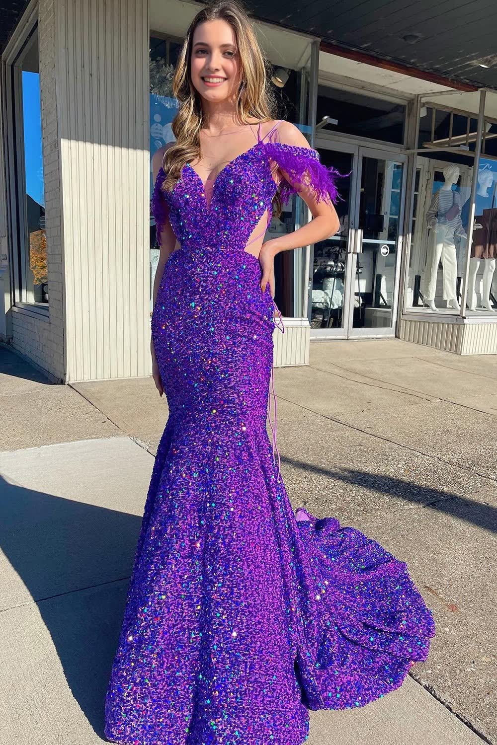 Mermaid Off the Shoulder Purple Sequins Cut Out Corset Prom Dress with Feathers outfit, Mermaid Off the Shoulder Purple Sequins Cut Out Prom Dress with Feathers