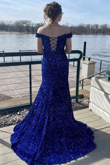 Mermaid Off the Shoulder Royal Blue Sequins Long Corset Prom Dress with Sweep Train outfits, Mermaid Off the Shoulder Royal Blue Sequins Long Prom Dress with Sweep Train