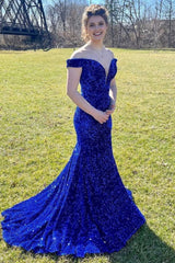 Mermaid Off the Shoulder Royal Blue Sequins Long Corset Prom Dress with Sweep Train outfits, Mermaid Off the Shoulder Royal Blue Sequins Long Prom Dress with Sweep Train