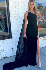 Mermaid One Shoulder Black Long Corset Prom Dress with Split Front Gowns, Mermaid One Shoulder Black Long Prom Dress with Split Front