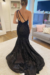 Mermaid One Shoulder Black Sequins Long Corset Prom Dress with Split Front Gowns, Mermaid One Shoulder Black Sequins Long Prom Dress with Split Front