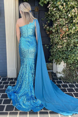 Mermaid One Shoulder Blue Sequins Long Corset Prom Dress with Split Front Gowns, Mermaid One Shoulder Blue Sequins Long Prom Dress with Split Front