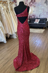 Mermaid One Shoulder Burgundy Sequins Long Corset Prom Dress with Split Front Gowns, Mermaid One Shoulder Burgundy Sequins Long Prom Dress with Split Front