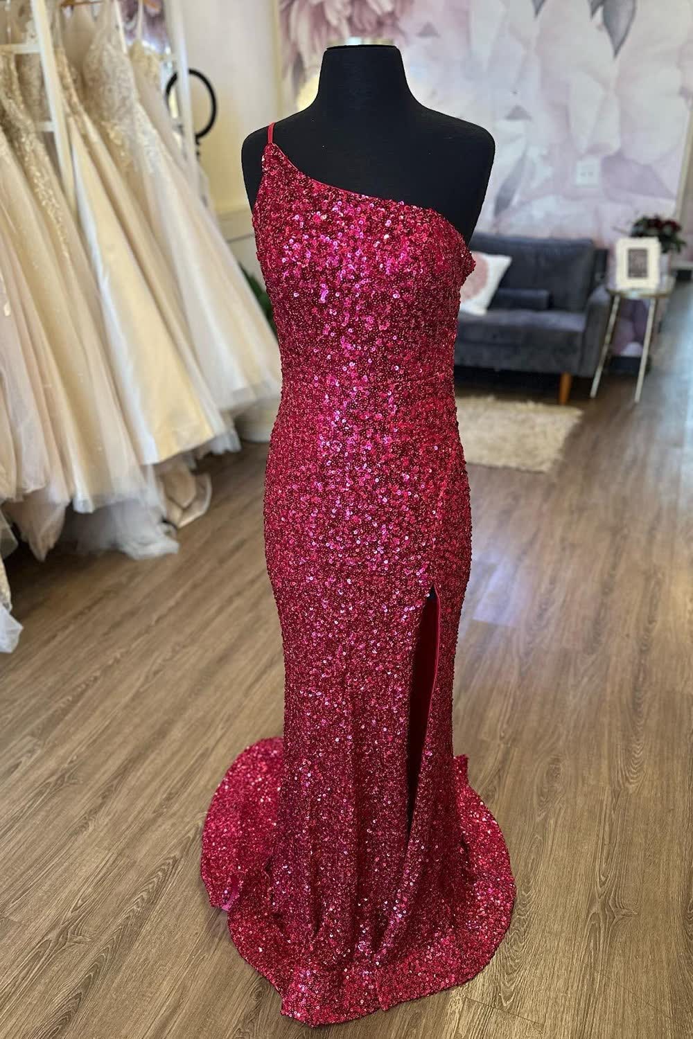 Mermaid One Shoulder Burgundy Sequins Long Corset Prom Dress with Split Front Gowns, Mermaid One Shoulder Burgundy Sequins Long Prom Dress with Split Front