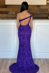 Mermaid One Shoulder Dark Purple Sequins Long Corset Prom Dress outfits, Mermaid One Shoulder Dark Purple Sequins Long Prom Dress