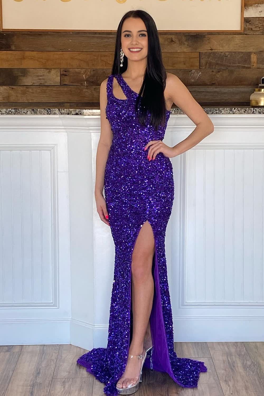 Mermaid One Shoulder Dark Purple Sequins Long Corset Prom Dress outfits, Mermaid One Shoulder Dark Purple Sequins Long Prom Dress