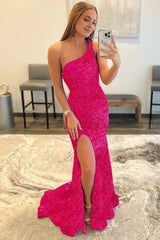 Mermaid One Shoulder Fuchsia Sequins Corset Prom Dress with Slit Gowns, Mermaid One Shoulder Fuchsia Sequins Prom Dress with Slit