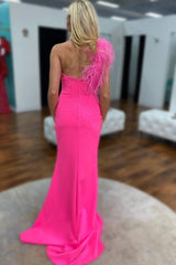 Mermaid One Shoulder Hot Pink Long Corset Prom Dress with Feathers outfit, Mermaid One Shoulder Hot Pink Long Prom Dress with Feathers
