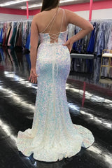 Mermaid One Shoulder Light Blue Sequins Long Corset Prom Dress with Silt Gowns, Mermaid One Shoulder Light Blue Sequins Long Prom Dress with Silt