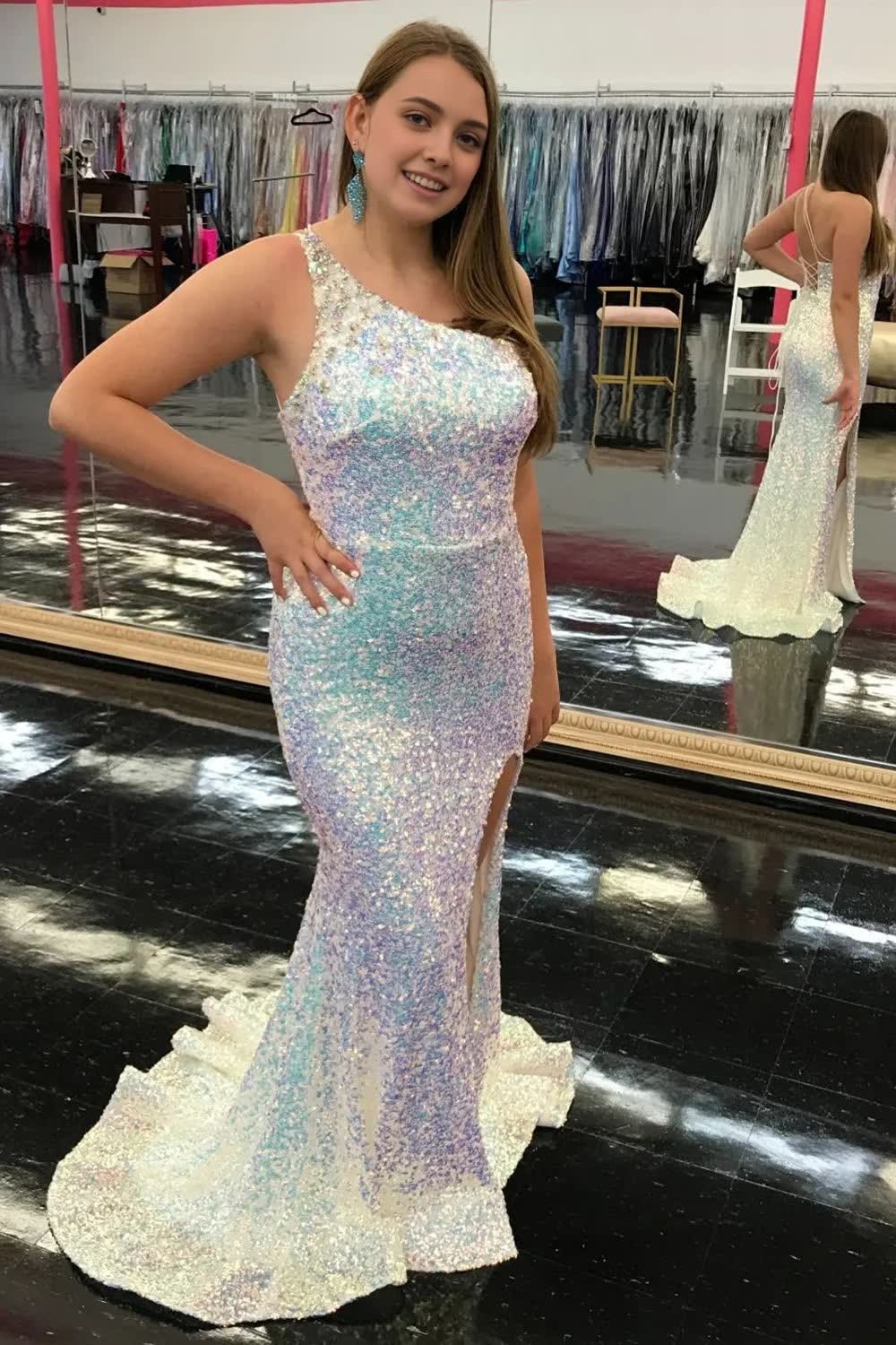 Mermaid One Shoulder Light Blue Sequins Long Corset Prom Dress with Silt Gowns, Mermaid One Shoulder Light Blue Sequins Long Prom Dress with Silt