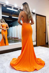 Mermaid One Shoulder Orange Long Corset Prom Dress with Star Appliques Gowns, Mermaid One Shoulder Orange Long Prom Dress with Star Appliques