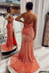 Mermaid One Shoulder Orange Sequins Long Corset Prom Dress with Split Front Gowns, Mermaid One Shoulder Orange Sequins Long Prom Dress with Split Front