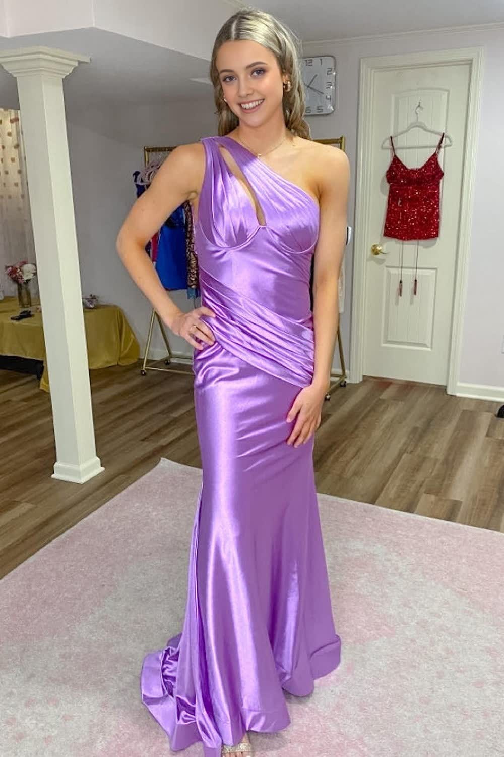 Mermaid One Shoulder Purple Long Corset Prom Dress outfits, Mermaid One Shoulder Purple Long Prom Dress