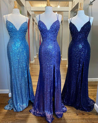 Mermaid Purple Sequins Long Corset Prom Dress with Slit,Navy Blue Evening Party Gowns Outfits, Sage Green Wedding