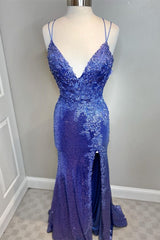 Mermaid Purple Sequins Long Corset Prom Dress with Slit,Navy Blue Evening Party Gowns Outfits, Wedding Aesthetic