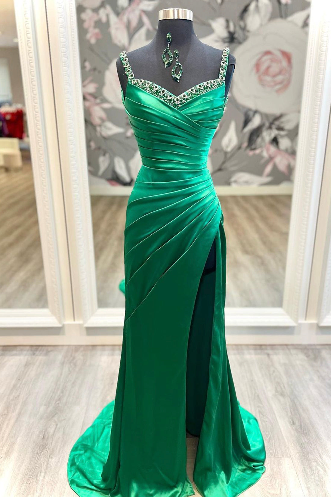 Mermaid Satin Long Corset Prom Dress, Green Satin Evening Dress with Beaded outfit, Bridesmaid Dress Colorful