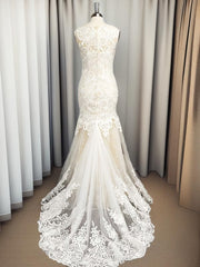 Mermaid Scoop Applique Sweep Train Tulle Corset Wedding Dress outfit, Wedding Dresses Short