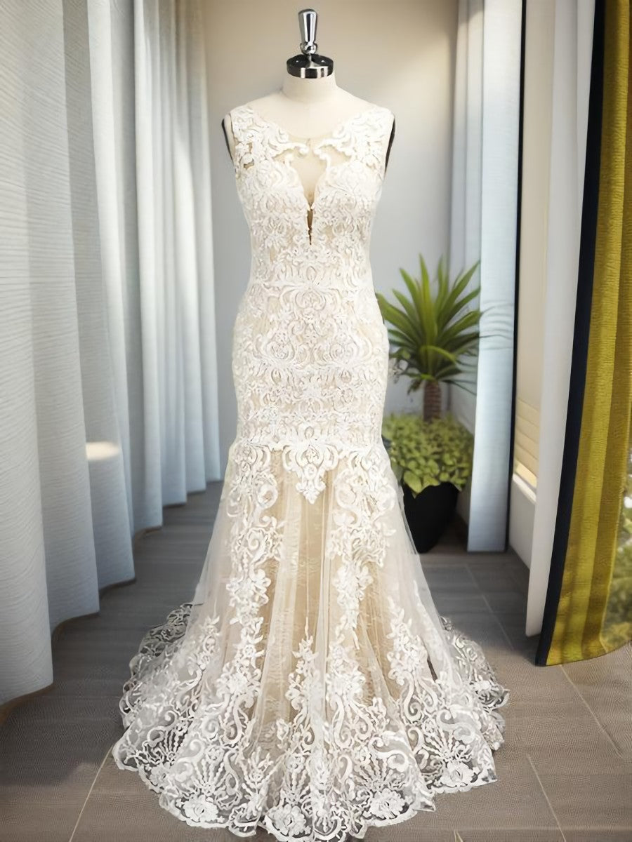 Mermaid Scoop Applique Sweep Train Tulle Corset Wedding Dress outfit, Wedding Dress Short