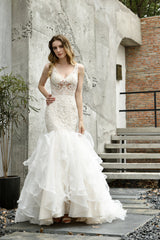 Mermaid Sleeveless V-Neck Corset Wedding Dresses Sweep Train Ruffles Beaded outfit, Wedding Dresses Aesthetic