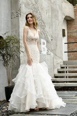 Mermaid Sleeveless V-Neck Corset Wedding Dresses Sweep Train Ruffles Beaded outfit, Wedding Dresses Wedding Dresses