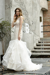Mermaid Sleeveless V-Neck Corset Wedding Dresses Sweep Train Ruffles Beaded outfit, Wedding Dress Wedding Dress
