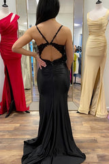 Mermaid Spaghetti Straps Black Long Corset Prom Dress with Split Front Gowns, Mermaid Spaghetti Straps Black Long Prom Dress with Split Front