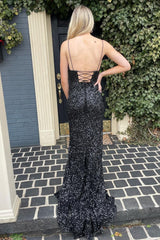 Mermaid Spaghetti Straps Black Sequins Long Corset Prom Dress with Split Front Gowns, Mermaid Spaghetti Straps Black Sequins Long Prom Dress with Split Front