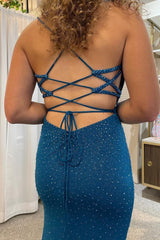 Mermaid Spaghetti Straps Blue Long Corset Prom Dress with Beading outfit, Mermaid Spaghetti Straps Blue Long Prom Dress with Beading