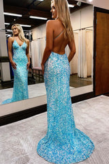 Mermaid Spaghetti Straps Blue Sequins Backless Long Corset Prom Dress outfits, Mermaid Spaghetti Straps Blue Sequins Backless Long Prom Dress
