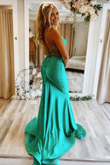 Mermaid Spaghetti Straps Green Long Corset Prom Dress with Criss Cross Back Gowns, Mermaid Spaghetti Straps Green Long Prom Dress with Criss Cross Back