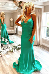 Mermaid Spaghetti Straps Green Long Corset Prom Dress with Criss Cross Back Gowns, Mermaid Spaghetti Straps Green Long Prom Dress with Criss Cross Back