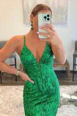 Mermaid Spaghetti Straps Green Sequins Backless Long Corset Prom Dress outfits, Mermaid Spaghetti Straps Green Sequins Backless Long Prom Dress