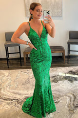 Mermaid Spaghetti Straps Green Sequins Backless Long Corset Prom Dress outfits, Mermaid Spaghetti Straps Green Sequins Backless Long Prom Dress
